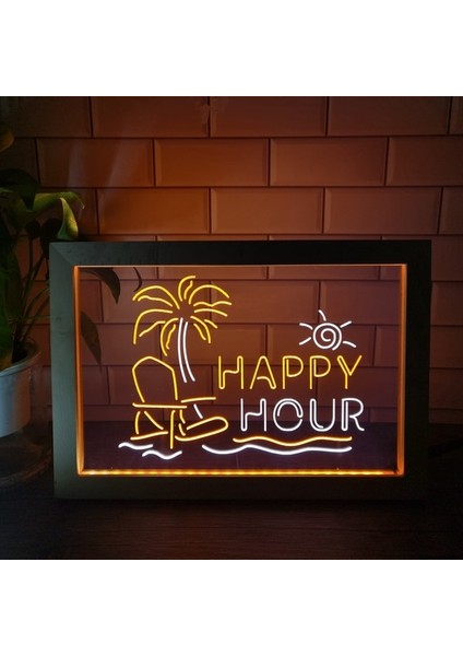 Beyaz ve Turuncu 23X17 cm Happy Hour Bar Kahve Açık Bira Pub Çift Renkli LED Neon Burcu Fotoğraf Çerçevesi Yaratıcı Masa Lambası Yatak Odası Masası Ahşap 3D Gece Lambası (Yurt Dışından)
