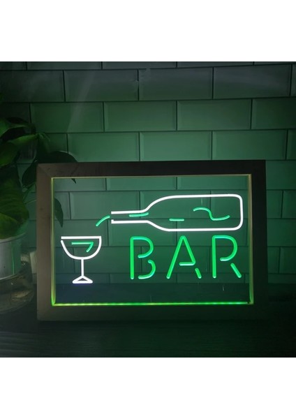 Beyaz ve Yeşil 23X17 cm Bar Şişe Cam Ekran Açık Çift Renkli LED Neon Burcu Fotoğraf Çerçevesi Yaratıcı Masa Lambası Yatak Odası Masası Ahşap 3D Gece Lambası (Yurt Dışından)