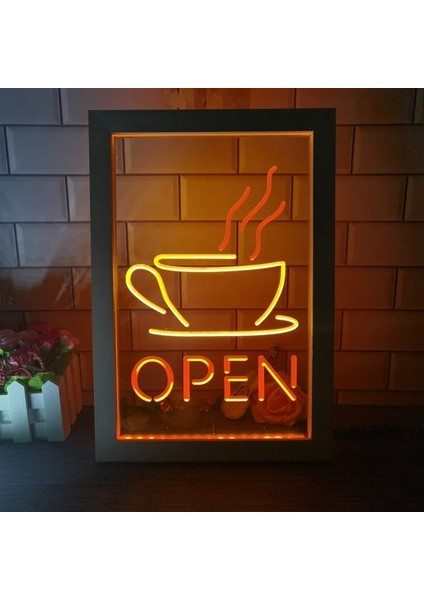 Kırmızı ve Sarı 17X23 cm Açık Kahve Fincanı Kafe Bistro Mağaza Çift Renkli LED Neon Burcu Fotoğraf Çerçevesi Yaratıcı Masa Lambası Yatak Odası Masası Ahşap 3D Gece Lambası (Yurt Dışından)