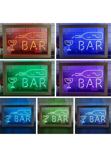 7 Renk 32X22 cm Bar Şişe Cam Ekran Açık Çift Renkli LED Neon Burcu Fotoğraf Çerçevesi Yaratıcı Masa Lambası Yatak Odası Masası Ahşap 3D Gece Lambası (Yurt Dışından)