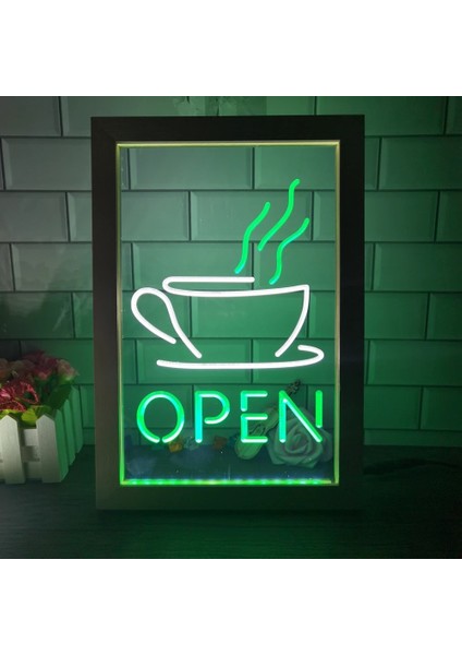 1 Renk Sıcak Renk 22X32 cm Açık Kahve Fincanı Kafe Bistro Mağaza Çift Renkli LED Neon Burcu Fotoğraf Çerçevesi Yaratıcı Masa Lambası Yatak Odası Masası Ahşap 3D Gece Lambası (Yurt Dışından)