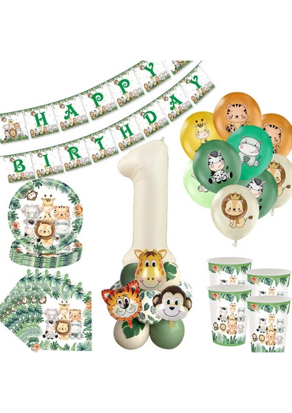 49 Adet Set Yeni Karton Hayvan Tek Kullanımlık Sofra ile Hayvan Balon Seti Çocuklar Için Jungle Safari Orman Doğum Günü Partisi Dekorasyon Kaynağı (Yurt Dışından)