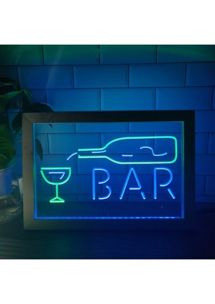 Yeşil ve Mavi 23X17 cm Bar Şişe Cam Ekran Açık Çift Renkli LED Neon Burcu Fotoğraf Çerçevesi Yaratıcı Masa Lambası Yatak Odası Masası Ahşap 3D Gece Lambası (Yurt Dışından)