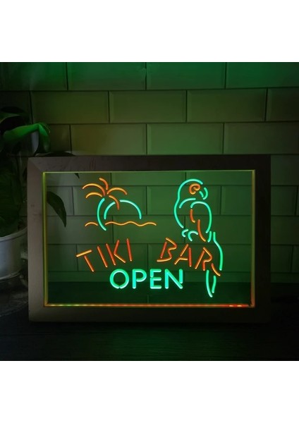 Yeşil ve Kırmızı 23X17 cm Tiki Bar Açık Papağan Çift Renkli LED Neon Burcu Fotoğraf Çerçevesi Yaratıcı Masa Lambası Yatak Odası Masası Ahşap 3D Gece Lambası (Yurt Dışından)