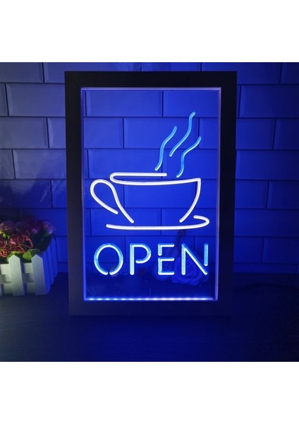 Beyaz ve Mavi 17X23 cm Açık Kahve Fincanı Kafe Bistro Mağaza Çift Renkli LED Neon Burcu Fotoğraf Çerçevesi Yaratıcı Masa Lambası Yatak Odası Masası Ahşap 3D Gece Lambası (Yurt Dışından)