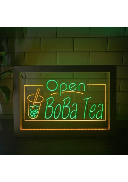 Yeşil ve Sarı 23X17 cm Boba Çay Bo Ba Içecek Cafe Çift Renkli LED Neon Burcu Fotoğraf Çerçevesi Yaratıcı Masa Lambası Yatak Odası Masası Ahşap 3D Gece Lambası (Yurt Dışından)