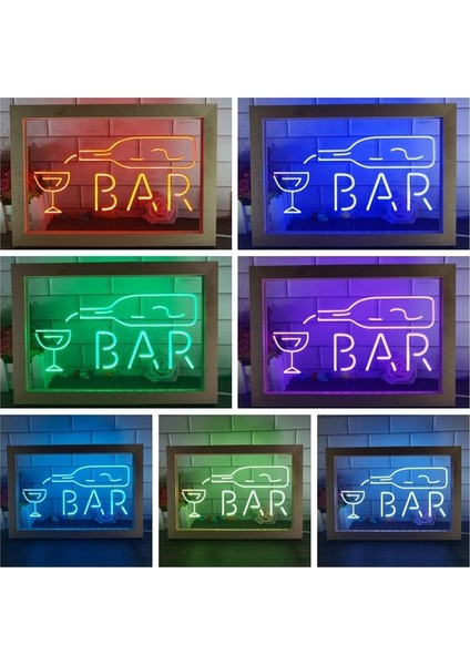 7 Renk 32X22 cm Bar Şişe Cam Ekran Açık Çift Renkli LED Neon Burcu Fotoğraf Çerçevesi Yaratıcı Masa Lambası Yatak Odası Masası Ahşap 3D Gece Lambası (Yurt Dışından)