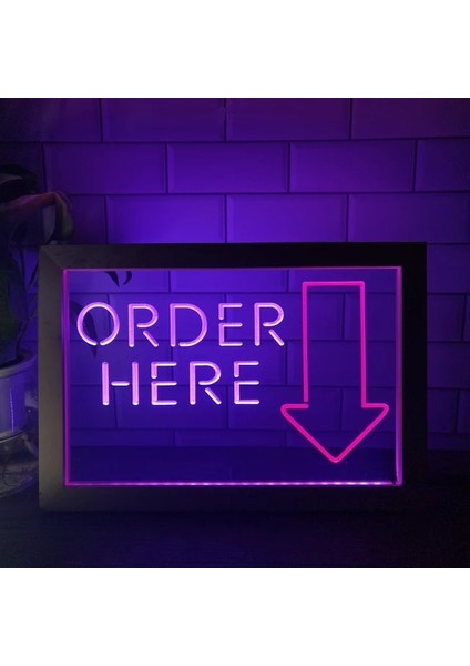 Kırmızı ve Mor 23X17 cm Buradan Sipariş Verin Kasiyer Dükkanı Çift Renkli LED Neon Burcu Fotoğraf Çerçevesi Yaratıcı Masa Lambası Yatak Odası Masası Ahşap 3D Gece Lambası (Yurt Dışından)