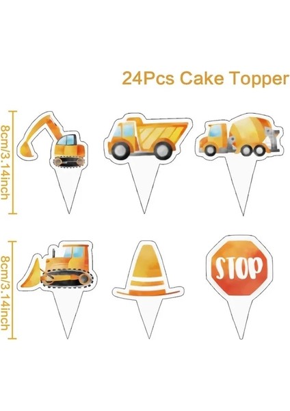 24 Adet Kek Topper Inşaat Parti Tek Kullanımlık Sofra Doğum Günü Dekorasyon Çocuk Bebek Duş Ekskavatör Kamyon Traktör Inşaat Doğum Günü Dekor (Yurt Dışından)