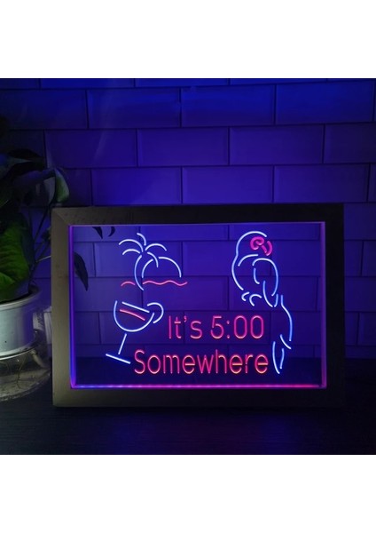 Mavi ve Kırmızı 23X17CM Saat 17:00 Bir Yerde 17:00 Kokteyl Bar Dekoru Papağan Palmiye Ağacı Çift Renkli LED Neon Tabela Fotoğraf Çerçevesi Yatak Odası Masası 3D Gece Lambası (Yurt Dışından)