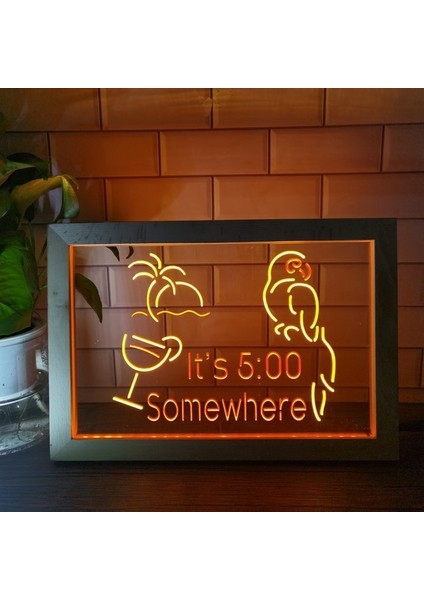 Kırmızı ve Sarı 23X17CM Saat 17:00 Bir Yerde 17:00 Kokteyl Bar Dekoru Papağan Palmiye Ağacı Çift Renkli LED Neon Tabela Fotoğraf Çerçevesi Yatak Odası Masası 3D Gece Lambası (Yurt Dışından)