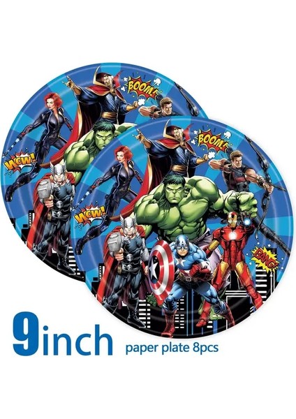 9 Inç 8 Adet Plaka Süper Kahraman Parti Malzemeleri Avengers Temalı Kek Topper Tek Kullanımlık Sofra Masa Örtüsü Balon Boys Doğum Günü Partisi Dekorasyon (Yurt Dışından)