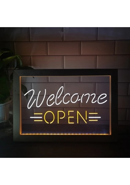 Beyaz ve Sarı 23X17 cm Açık Karşılama Mağaza Ekranı Çift Renkli LED Neon Burcu Fotoğraf Çerçevesi Yaratıcı Masa Lambası Yatak Odası Masası Ahşap 3D Gece Lambası (Yurt Dışından)