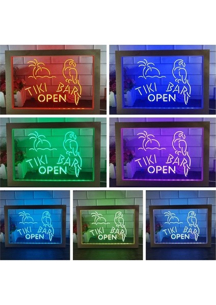 7 Renk 32X22 cm Tiki Bar Açık Papağan Çift Renkli LED Neon Burcu Fotoğraf Çerçevesi Yaratıcı Masa Lambası Yatak Odası Masası Ahşap 3D Gece Lambası (Yurt Dışından)