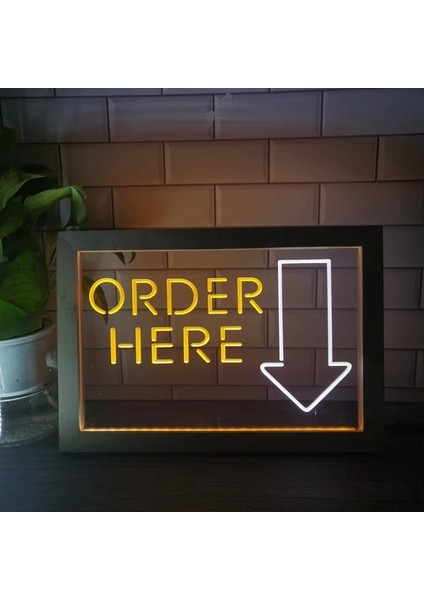 Beyaz ve Sarı 23X17 cm Buradan Sipariş Verin Kasiyer Dükkanı Çift Renkli LED Neon Burcu Fotoğraf Çerçevesi Yaratıcı Masa Lambası Yatak Odası Masası Ahşap 3D Gece Lambası (Yurt Dışından)