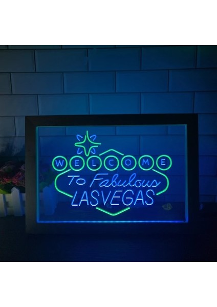 Yeşil ve Mavi 23X17 cm Las Vegas Casino Beer Bar'a Hoş Geldiniz 2 Renkli Ekran Fotoğraf Çerçevesi Yaratıcı Masa Lambası Yatak Odası Masası Ahşap 3D Gece Lambası (Yurt Dışından)