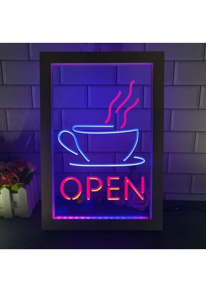 Mavi ve Kırmızı 17X23 cm Açık Kahve Fincanı Kafe Bistro Mağaza Çift Renkli LED Neon Burcu Fotoğraf Çerçevesi Yaratıcı Masa Lambası Yatak Odası Masası Ahşap 3D Gece Lambası (Yurt Dışından)