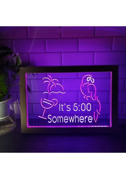 Kırmızı ve Mor 23X17CM Saat 17:00 Bir Yerde 17:00 Kokteyl Bar Dekoru Papağan Palmiye Ağacı Çift Renkli LED Neon Burcu Fotoğraf Çerçevesi Yatak Odası Masası 3D Gece Lambası (Yurt Dışından)