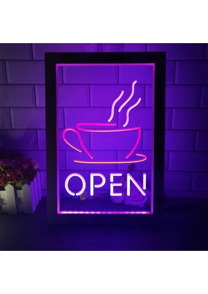 Kırmızı ve Mor 17X23 cm Açık Kahve Fincanı Kafe Bistro Mağaza Çift Renkli LED Neon Burcu Fotoğraf Çerçevesi Yaratıcı Masa Lambası Yatak Odası Masası Ahşap 3D Gece Lambası (Yurt Dışından)