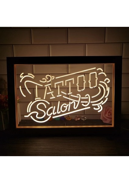1 Renk Sıcak Renk 32X22 cm Dövme Salonu Kapalı Bar Çift Renkli LED Neon Burcu Fotoğraf Çerçevesi Yaratıcı Masa Lambası Yatak Odası Masası Ahşap 3D Gece Lambası (Yurt Dışından)