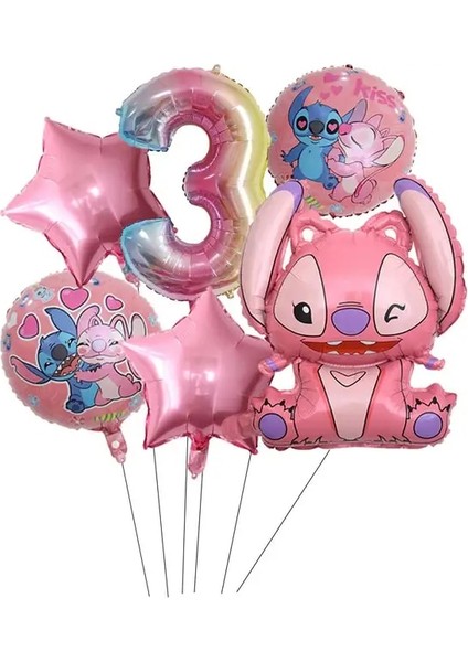 6 Adet Numarası 3 Pembe Lilo ve Stitch Tema Parti Malzemeleri Set Mutlu Doğum Günü Banner Kek Topper 3D Balonlar Bebek Duş Çocuk Kız Parti Iyilik (Yurt Dışından)