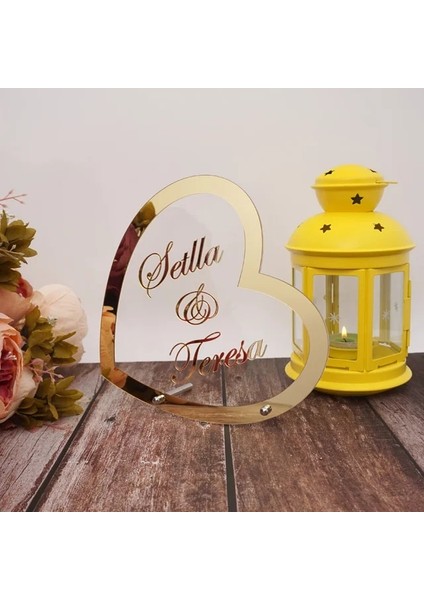 C534-ALTIN Ayna 20 cm Farklı Stil Özel Düğün Işaretleri Adı Tarih Akrilik Ayna Çerçevesi Kelime Işareti Parti Dekoru Tırnak Favor Hediye Yuvarlak Kalp (Yurt Dışından)