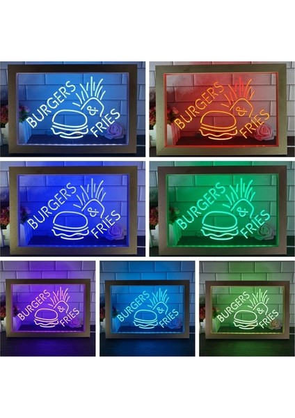 7 Renk 32X22CM Burger & Patates Kızartması Fast Food Açık Bar Çift Renkli LED Neon Burcu Fotoğraf Çerçevesi Yaratıcı Masa Lambası Yatak Odası Masası Ahşap 3D Gece Lambası (Yurt Dışından)