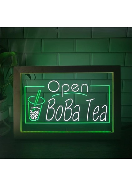 Beyaz ve Yeşil 23X17 cm Boba Çay Bo Ba Içecek Cafe Çift Renkli LED Neon Burcu Fotoğraf Çerçevesi Yaratıcı Masa Lambası Yatak Odası Masası Ahşap 3D Gece Lambası (Yurt Dışından)