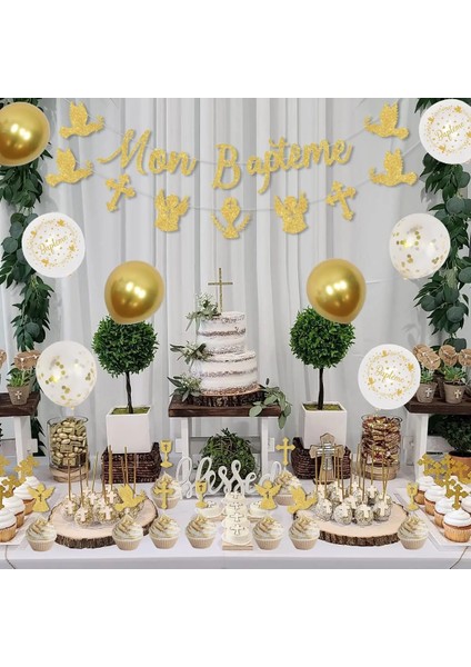 Set 2 Funmemoir Vaftiz Dekorasyon Pzt Baptême Banner Melek Çapraz Balonlar Kek Yonca Erkek Kız Vaftiz Parti Malzemeleri (Yurt Dışından) indirimleri