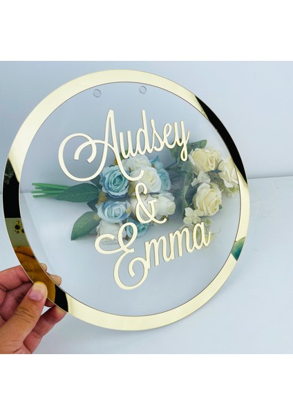 Ayna Altın 35 cm Kişiselleştirilmiş Gelin Damat Adı Ayna Çerçevesi Transperant Özel Düğün Tabela Akrilik Etiket Kelime Işareti Daire Şekli Plaka Dekor (Yurt Dışından)