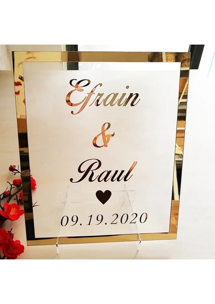 Ayna Gül Altın 30 cm Yüksek Özel Gelin Damat Adı Ayna Çerçevesi Düğün Tabela Kişiselleştirilmiş Şeffaf Akrilik Tabela Tırnak Parti Dekoru Şekerleri ile (Yurt Dışından)