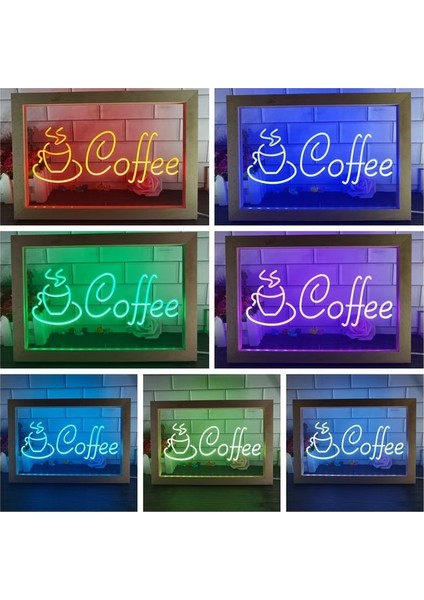 7 Renk 23X17 cm Kahve Fincanı Dükkanı Cappuccino Cafe Çift Renkli LED Neon Burcu Fotoğraf Çerçevesi Yatak Odası Masası 3D Gece Lambası (Yurt Dışından)