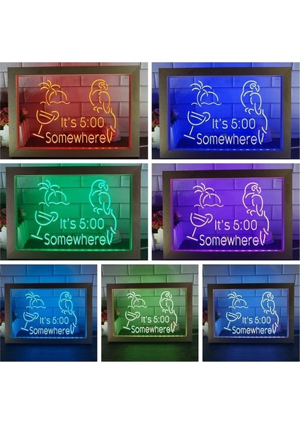 7 Renk 23X17CM Saat 5:00 Bir Yerde 17:00 Kokteyl Bar Dekor Papağan Palmiye Ağacı Çift Renkli LED Neon Burcu Fotoğraf Çerçevesi Yatak Odası Masası 3D Gece Lambası (Yurt Dışından)