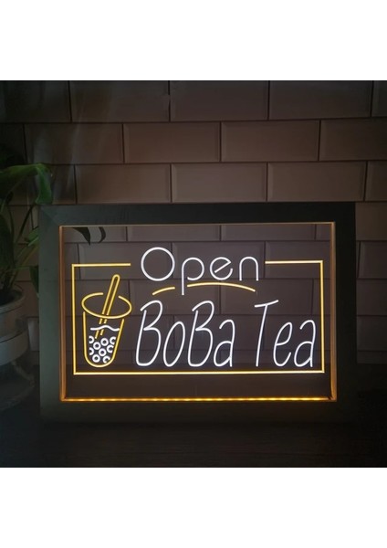 Beyaz ve Sarı 23X17 cm Boba Çay Bo Ba Içecek Cafe Çift Renkli LED Neon Burcu Fotoğraf Çerçevesi Yaratıcı Masa Lambası Yatak Odası Masası Ahşap 3D Gece Lambası (Yurt Dışından)
