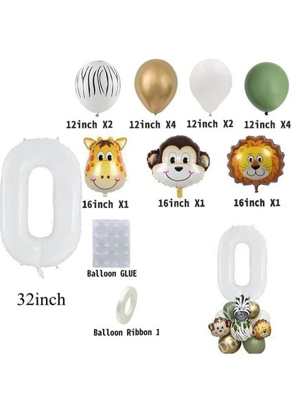 18 Adet Numarası 0 18 Adet Vahşi Hayvan Balonlar Kulesi Beyaz Dijital Balon Seti Çocuklar Için Vahşi Bir Doğum Günü Orman Safari Parti Dekorasyon (Yurt Dışından)