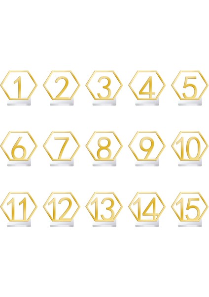 Altın 15 Adet 1-15 Akrilik Masa Numaraları Düğün Altıgen Koltuk Numaraları Tutucu Tabanı ile Altın Oymak Resepsiyon Standları Koltuk Numarası (Yurt Dışından)
