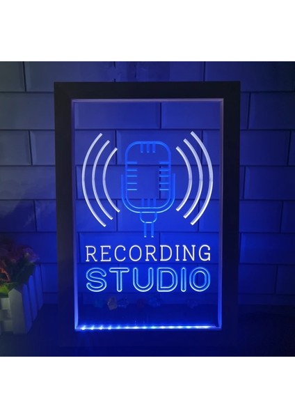 Beyaz ve Mavi 17X23CM Kayıt Stüdyosu Mikrofon Canlı Çift Renkli LED Neon Burcu Fotoğraf Çerçevesi Yaratıcı Masa Lambası Yatak Odası Masası Ahşap 3D Gece Lambası (Yurt Dışından)