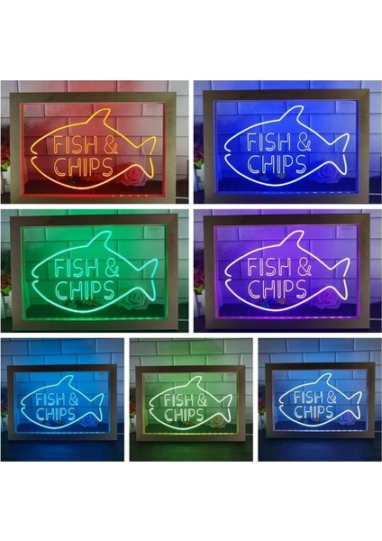 7 Renk 23X17CM Fish & Chips Fast Food Açık Ekran Çift Renkli LED Neon Burcu Fotoğraf Çerçevesi Yaratıcı Masa Lambası Yatak Odası Masası Ahşap 3D Gece Lambası (Yurt Dışından)