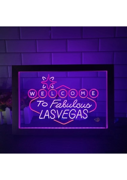 Kırmızı ve Mor 23X17 cm Las Vegas Casino Beer Bar'a Hoş Geldiniz 2 Renkli Ekran Fotoğraf Çerçevesi Yaratıcı Masa Lambası Yatak Odası Masası Ahşap 3D Gece Lambası (Yurt Dışından)