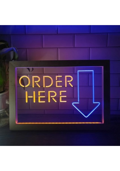 Mavi ve Sarı 23X17 cm Buradan Sipariş Verin Kasiyer Dükkanı Çift Renkli LED Neon Burcu Fotoğraf Çerçevesi Yaratıcı Masa Lambası Yatak Odası Masası Ahşap 3D Gece Lambası (Yurt Dışından)