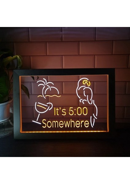Beyaz ve Turuncu 23X17CM Saat 17:00 Bir Yerde 17:00 Kokteyl Bar Dekoru Papağan Palmiye Ağacı Çift Renkli LED Neon Tabela Fotoğraf Çerçevesi Yatak Odası Masası 3D Gece Lambası (Yurt Dışından)
