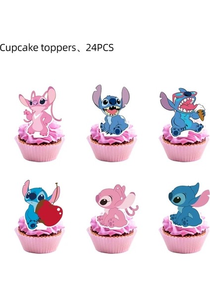 24 Adet Kek Topper Pembe Lilo ve Stitch Tema Parti Malzemeleri Set Mutlu Doğum Günü Banner Kek Topper 3D Balonlar Bebek Duş Çocuk Kız Parti Iyilik (Yurt Dışından)