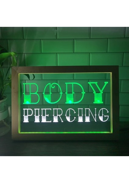 Beyaz ve Yeşil 23X17 cm Vücut Pirsing Dövme Dükkanı Yenı Çift Renkli LED Neon Burcu Fotoğraf Çerçevesi Yaratıcı Masa Lambası Yatak Odası Masası Ahşap 3D Gece Lambası (Yurt Dışından)