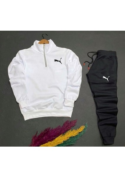 Unisex Puma Baskılı Yarım Fermuarlı Sweatshirt-Eşofman Altı Set Kombin