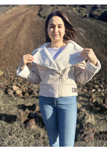 Içi Suni Kürklü Suni Süet Crop Biker Ceket