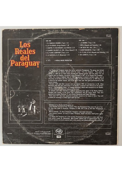 Los Reales Del Paraguay Guantanamera La Bamba Lp Plak (Orjinal 1977 Ingiltere Baskı)