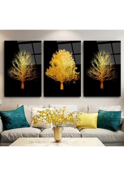 Gold Ağaçlar Triple Cam Tablo