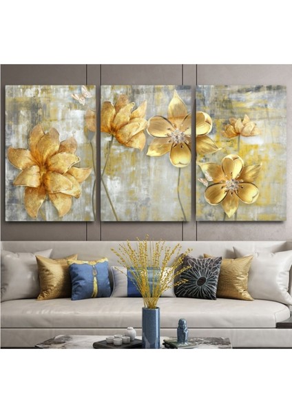 Gold Çiçekler Triple Cam Tablo