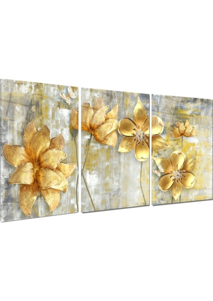 Gold Çiçekler Triple Cam Tablo