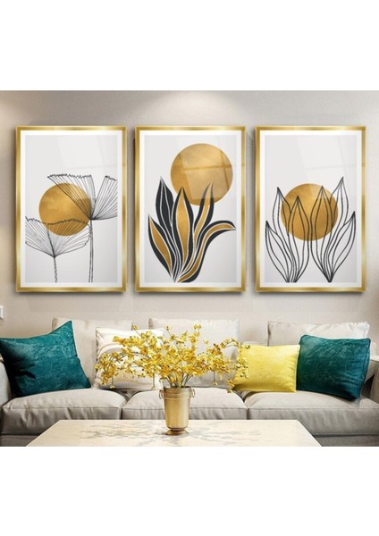 Gold Yapraklar Triple Cam Tablo